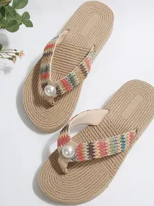 Summer Ethnic Style Woven Sandals, Pearl Decorated Flat Sole Comfortable Slippers, Fresh Vacation Outwear Women's Shoes