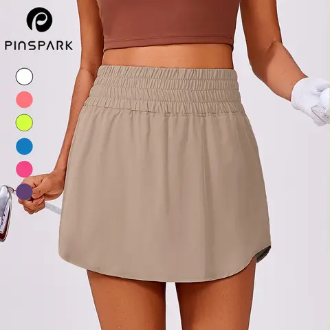 PINSPARK Women's High Stretch Spandex High Waisted Athletic Golf Skort - 2 Pockets, Curved Hem, Quick Dry, Fitted, Supportive, Above Knee Sports Clothes for Golf, Pickleball (Runs Small & Thin, Sporty Chic)