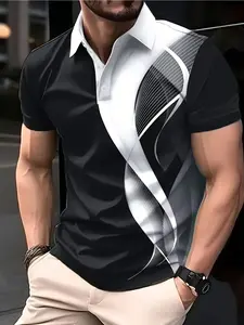 Men's Polo shirt Menswear with black and white geometric line print, featuring a Classic business casual Office commuting style