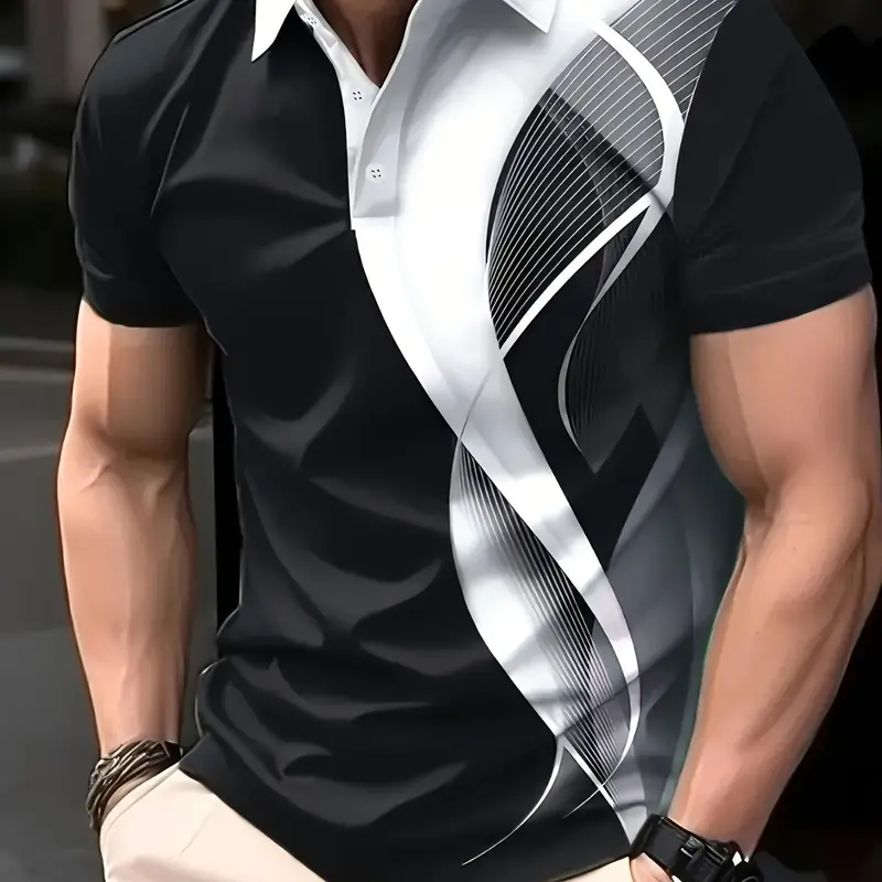 Men's Polo shirt Menswear with black and white geometric line print, featuring a Classic business casual Office commuting style, Casual Polo Shirts Summer Polos