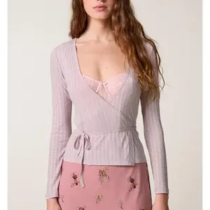 Women's Long Sleeve Wrap Cardigan Lightweight Fall Sweater with Waist Tie Detail Textured Pattern Knit Tops Perfect Front Tie Sweater for Women Casual Layering