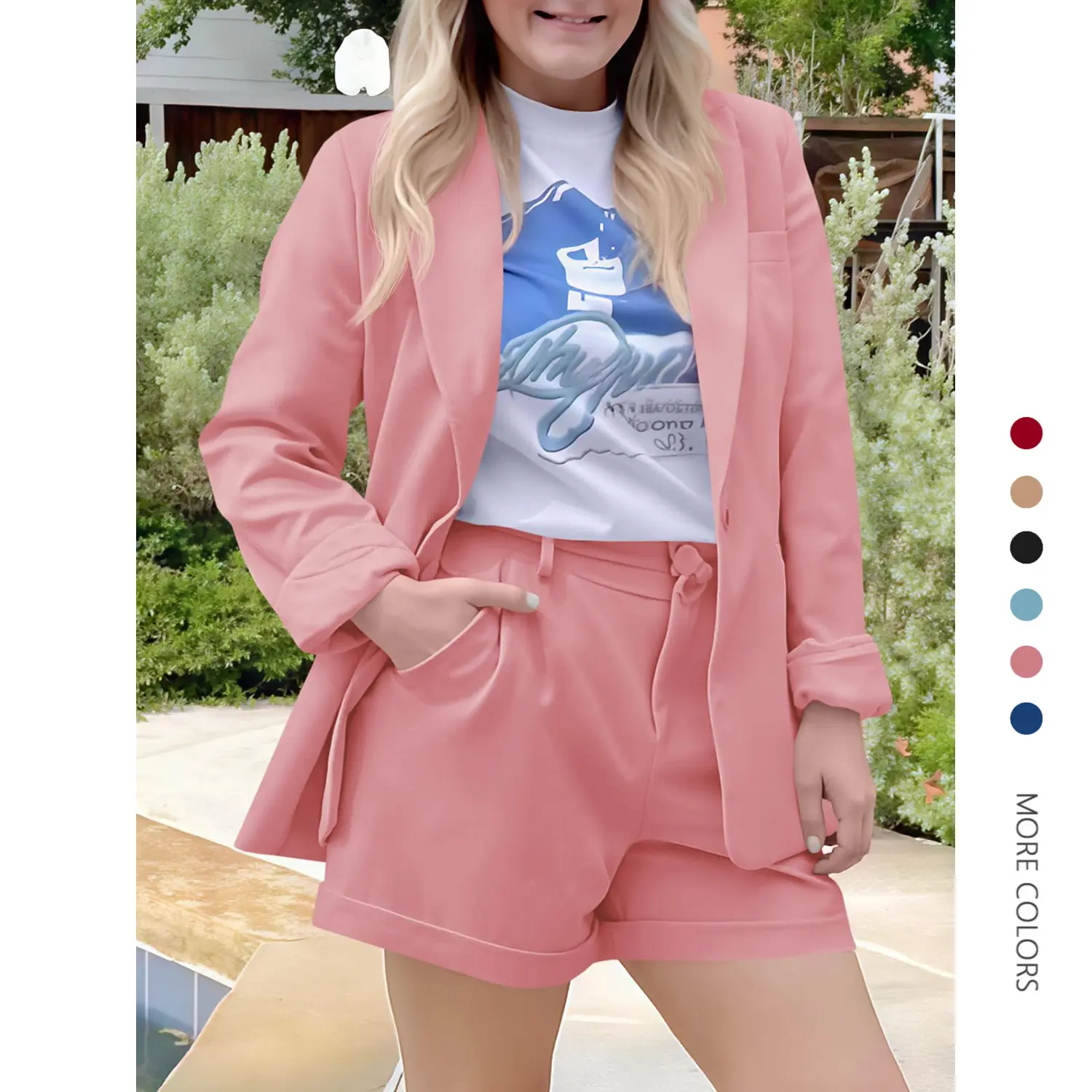 Danedvi Women's Minimalist 2-Piece Suit Set - Elegant Solid Elastane Longsleeve Blazer and Shorts with Comfortable Fit for Office & Holidays, Lady, Longsleeves