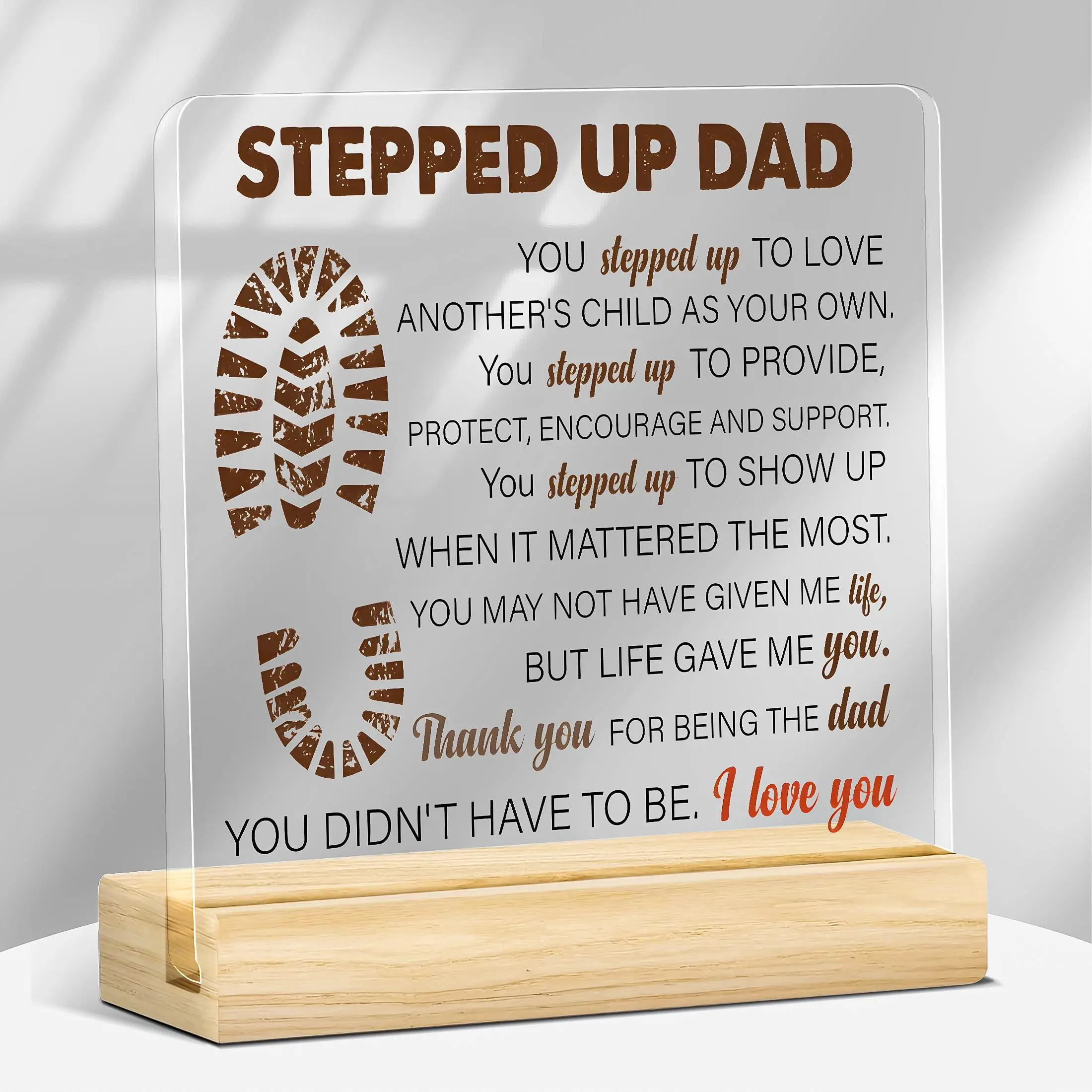Step Up Dad Acrylic Plaque, Acrylic Desktop Decoration, Wooden Desktop Home Decor, Sentimental Gift for Stepfather, Home Decor Gifts, Gift for Father's Day, Birthday, Christmas, Blessed Signs for Home Decor