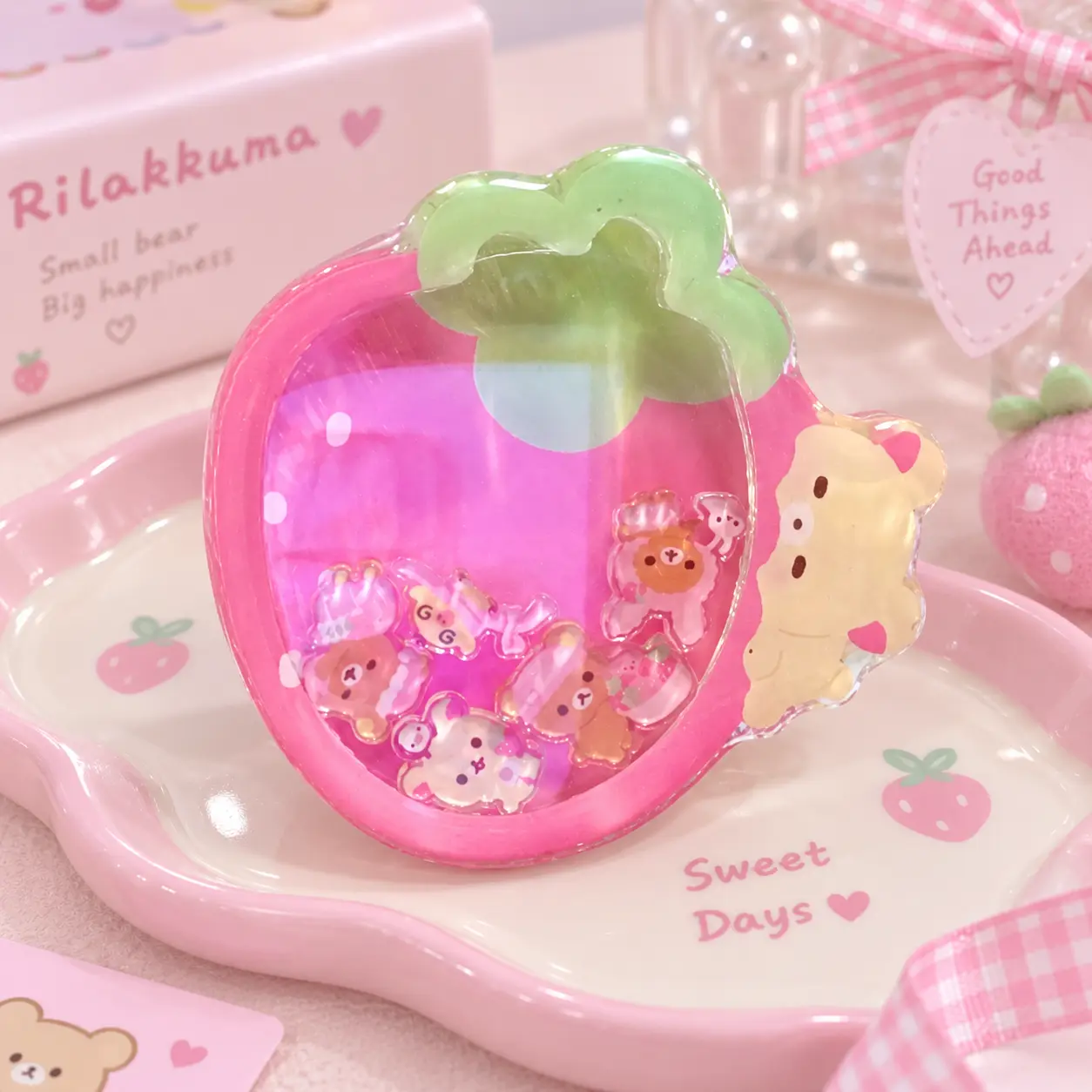 Pastel Pink Strawberry Liquid Shaker Phone Grip Kawaii Teddy Bear Acrylic Phone Holder Cute Coquette E-reader Stand Smartphone Accessory Sharp Print