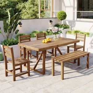 6 Pieces Dining Table set with Bench Outdoor High-quality Acacia Wood Outdoor Table and Chair Set, Suitable for Patio, Balcony, Backyard