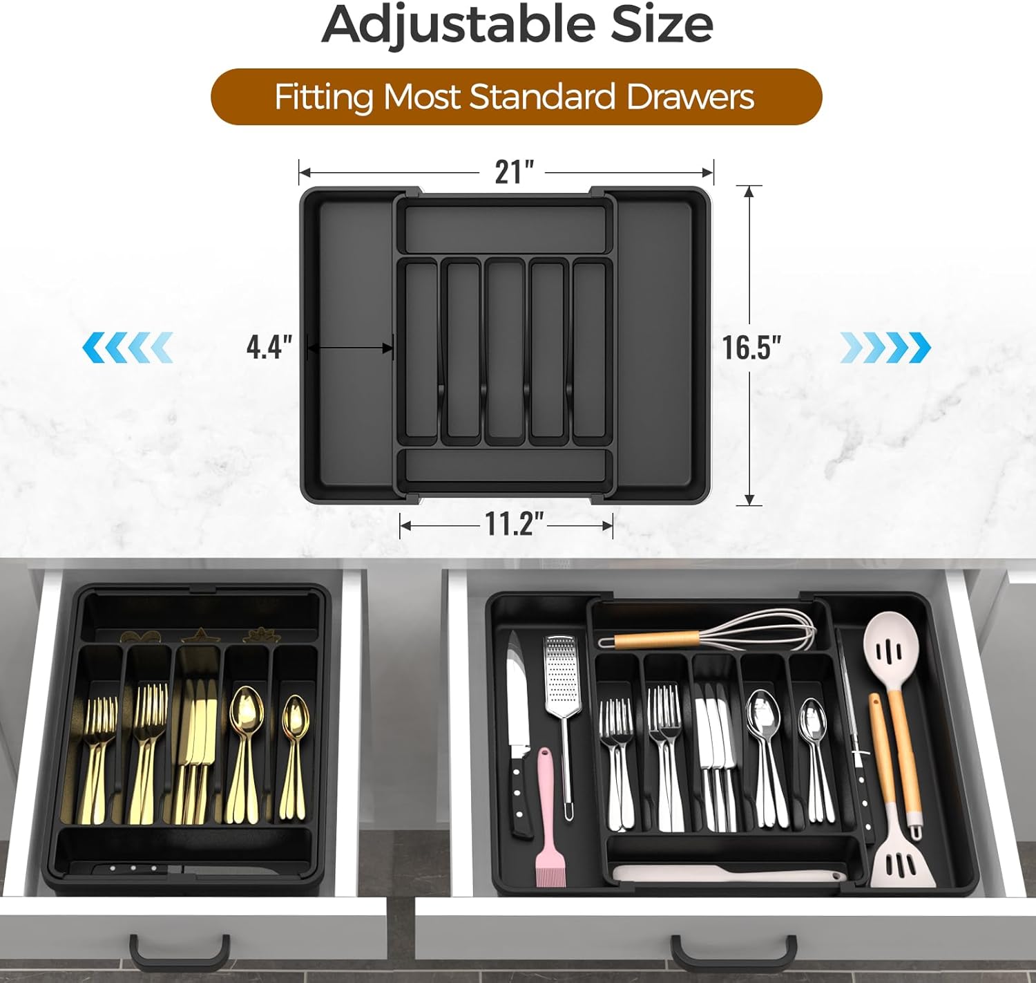 Extra Large Expandable Silverware Organizer, BPA-Free Food-Safe Cutlery Flatware Organizer, Kitchen Utensil Drawer Organizer, Adjustable Silverware Holder for Spoons Forks Knives, Black Extra Large Expandable Silverware Organizer, BPA-Free Food-Safe Cutlery Flatware Organizer, Kitchen Utensil Drawer Organizer, Adjustable Silverware Holder for Spoons Forks Knives, Black