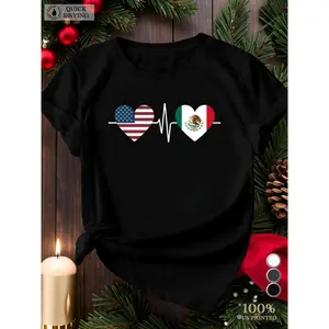 1pc Women's Fitted T-Shirt with USA & Mexico Flag Heart Design - 100%,All-Season Comfort Fit, Vibrant Digital Print, Perfect for Casual Wear or Gifting, Patriotic Clothing |   Patriotic Design |   Durable Print