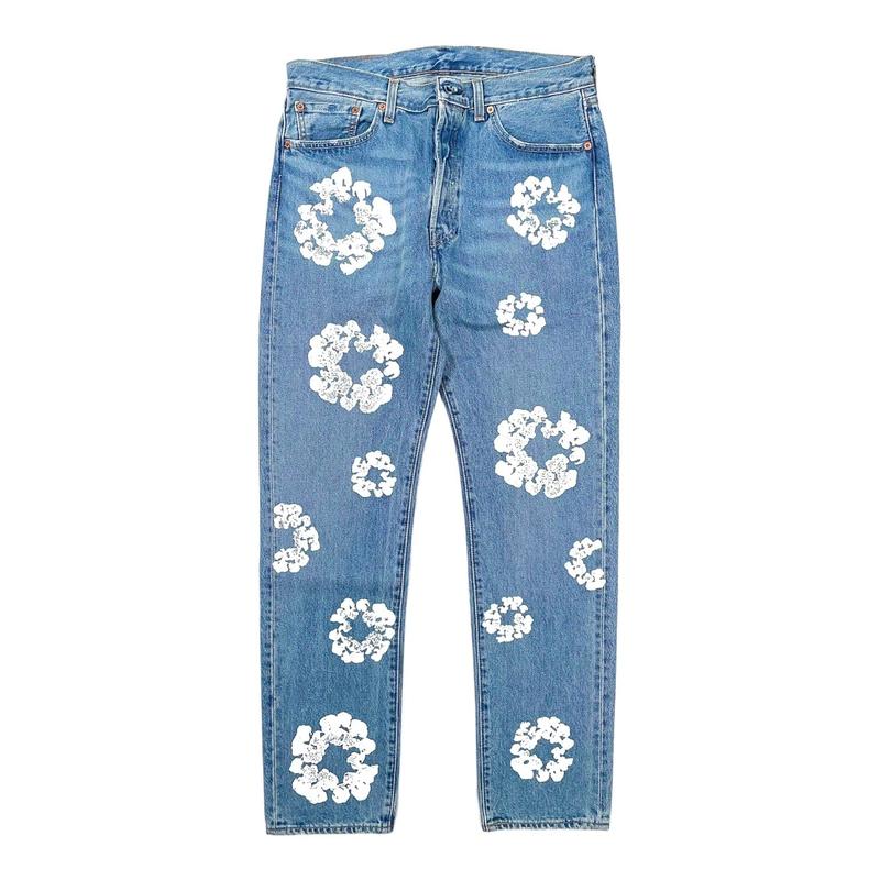 Denim Tears x Levi's 501 Cotton Wreath Logo Jeans Light Wash Indigo White