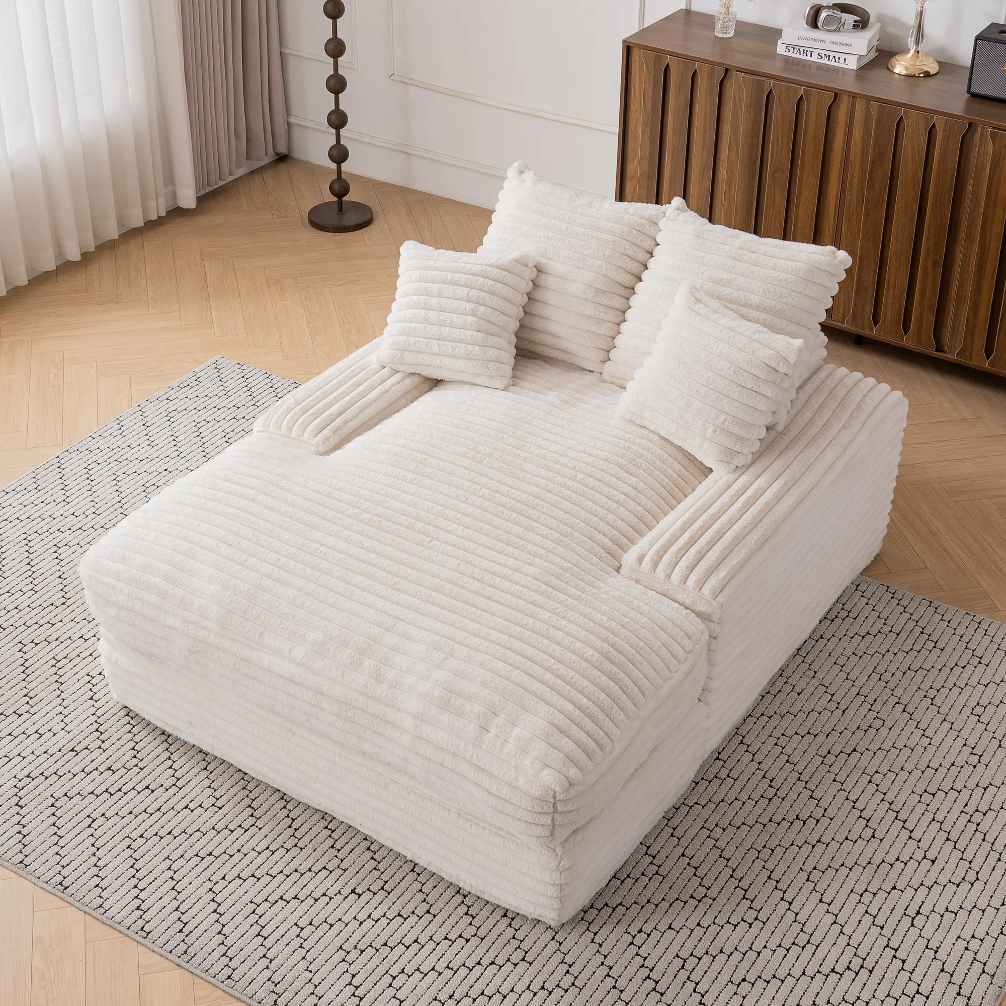 Luxury Corduroy Convertible Chaise Lounge with 4 Pillows Ultra-Soft Sofa Bed No Assembly Required Instant Setup Lounge Chair Bed for Living Room Apartment Small Spaces Beige, Living Room Furniture for Apartment, Lounge, Family Room