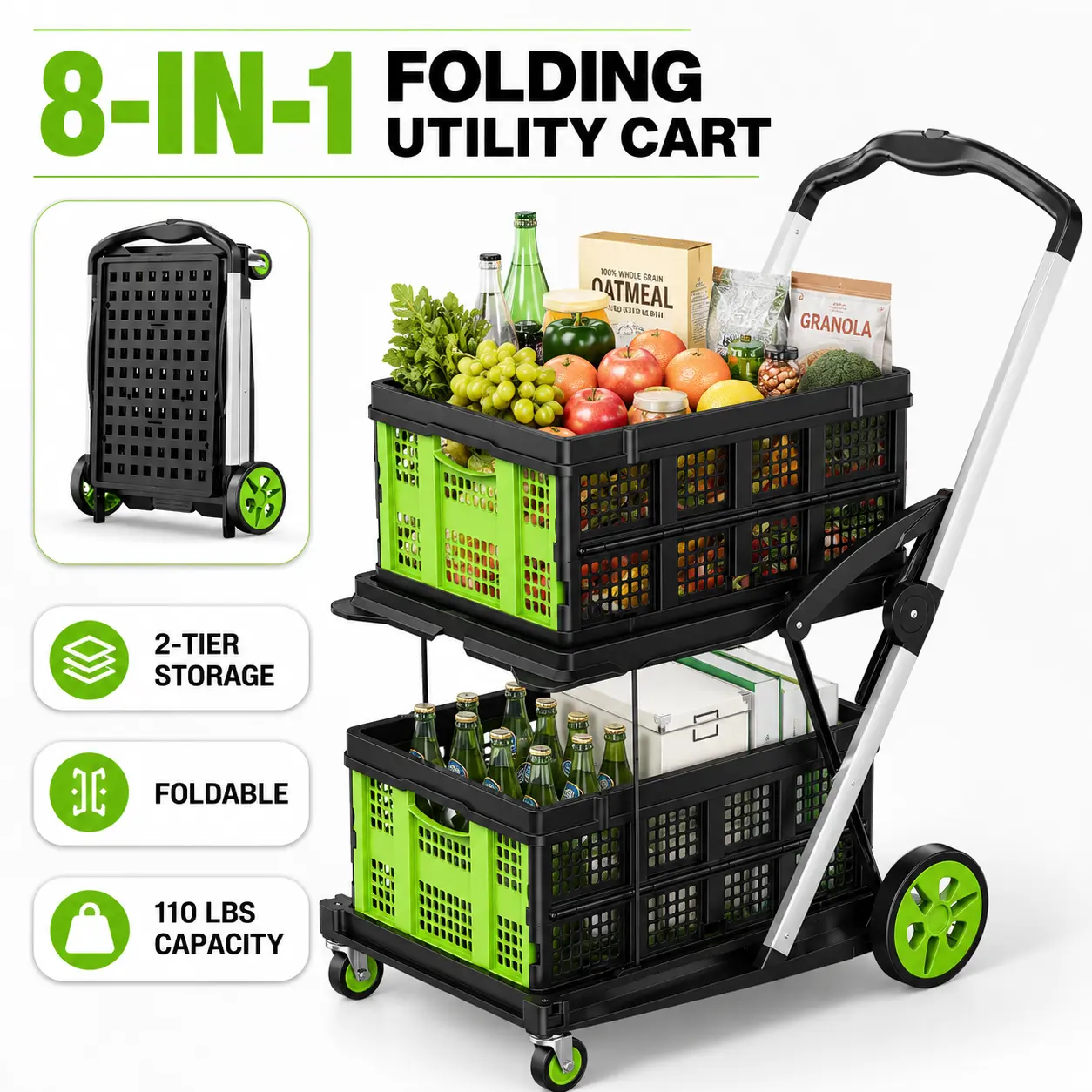 Premium Foldable Plastic Shopping Cart with Wheels, Elegant Lightweight Rolling Utility Basket for Groceries, Laundry, Travel, Camping and Home Storage, Space-Saving Portable Pull Cart