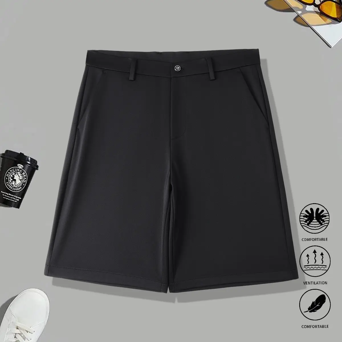 Men's Solid Plain Mid Waist Polyester Casual Shorts - Menswear Business Style for Summer Leisure, Everyday Wear, Formal Occasions
