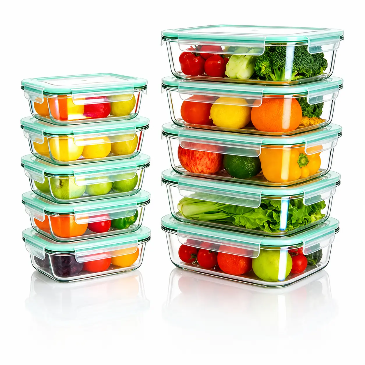 8/10/12-Piece BPA-Free Borosilicate Glass Food Storage Containers with Airtight Leak-Proof Lids, Microwave and Dishwasher Safe, Stackable Compartment Bento Boxes for Family Meal Prep, Kitchen Use, and Packing Lunch