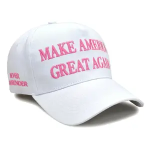 Make America Great Again Embroidered Hat (White & Flamingo Pink) 4-Sided Design