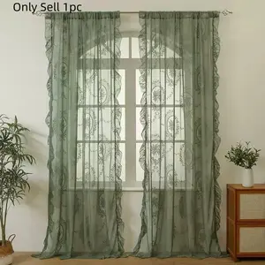 Room Decor Vintage Floral Embroidery Curtain Blinds for Room Decor, 1 Count Semi-transparent Window Curtain with Ruffles, Attached Valances, Bedroom Curtains Arch, Window Drapes for Home Living Room, Interior Decor Accessories, Home Decoration Curtain