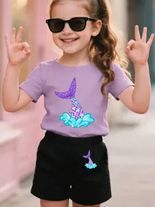Girls' Mermaid Tail Tee & Shorts Set, Cute Cartoon Print, Breathable Fabric, Casual Kids Clothing, Dreamy Cure Style, Casual Outfit Set