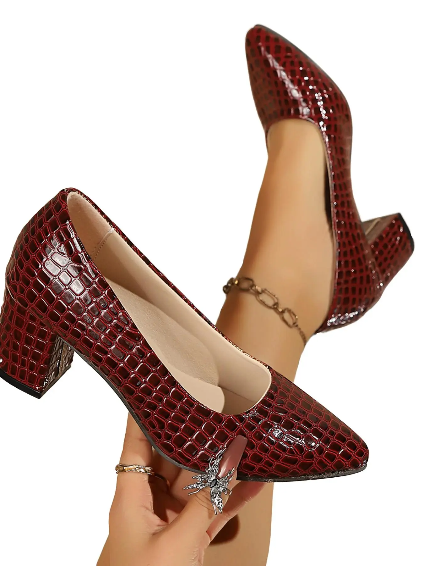 Burgundy Crocodile Pattern High Heels, Soft Cushioned Insoles, Comfortable for Long Wear, Elegant for Office and Parties