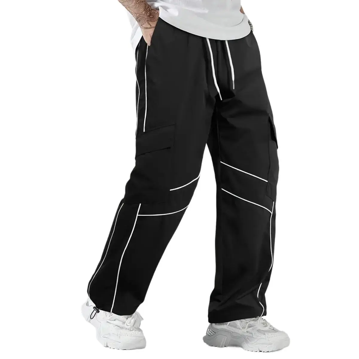Functional Multi-Pocket Utility Design Men's Cargo Wide Leg Pants, Multi-section Patchwork With Contrast Stripe Outline, Drawstring Waist And Adjustable Ankle Buckle For Street Casual Wear, Aesthetic Men's Pants, Boot-Friendly Men's Pants