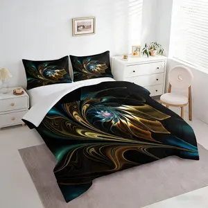 2/3Pcs Abstract Swirl Marble Comforter Set, Teal Gold Fractal Art Quilt Bedding Set with Pillowcases, Modern Luxury Soft Bedding Set for Men Women Bedroom Guest Room, Aesthetic Home Decor