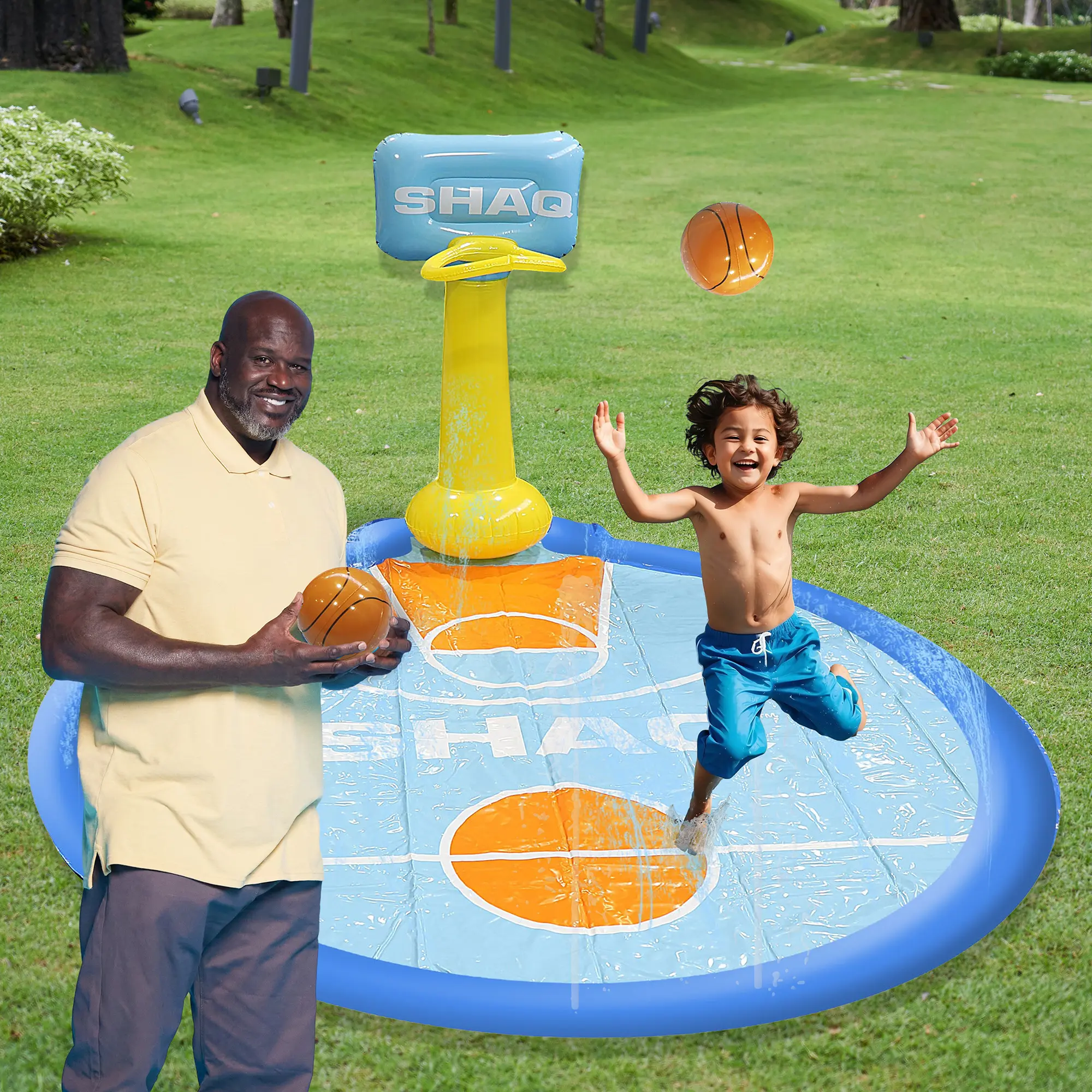 SHAQ Basketball Sprinkler Mat with Built-in Hoop Durable PVC Easy Setup for Kids & Adults Fun Summer Play Mat
