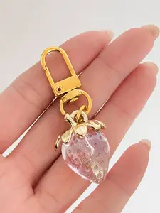 1pc  Clear Pink Crystal Strawberry Pendant Jelly Texture with Gold Plated Leaves Comes with Gentle Filter Hanging on the Bag Like a Girl's Heart