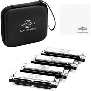 Professional Harmonica Set 4 Pack, 10 Hole 20 Tone Blues Harp in  C G D A,  Diatonic Mouth Organ Bundle with Stainless Steel Cover for Practice, Studio, Band Jam & Stage Performance