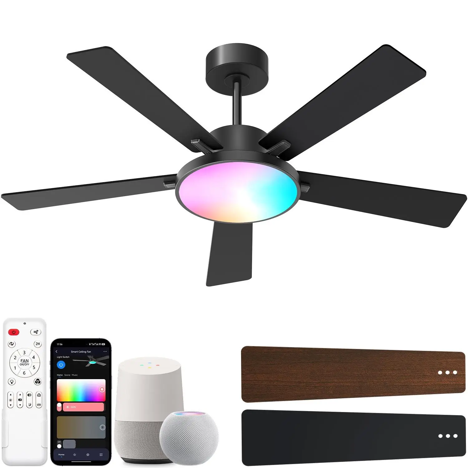 CINOTON 52in Ceiling Fan with Light Fixture - Indoor Lighting for Home Improvement, Remote-App-Voice Control, Reversible DC Motor, 2600lm Adjustable Brightness, 6 Speeds, 2 Modes, Quiet, Colorful Light, Valentine's Day Fit for Bedroom, Living Room