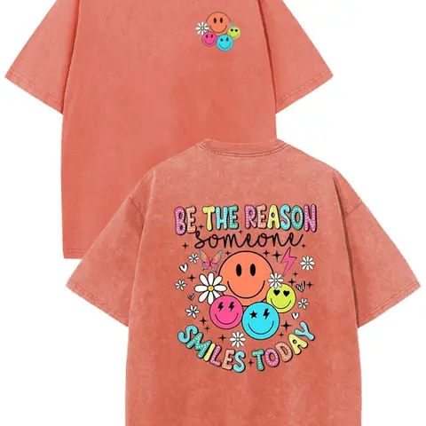 Sunland Women's Cotton Acid Wash Vintage Crew Neck Oversized Short Sleeve T-Shirt - "Be The Reason Someone Smiles Today" Colorful Smiley Graphic Top, Outdoor Everyday Apparel, T Shirts