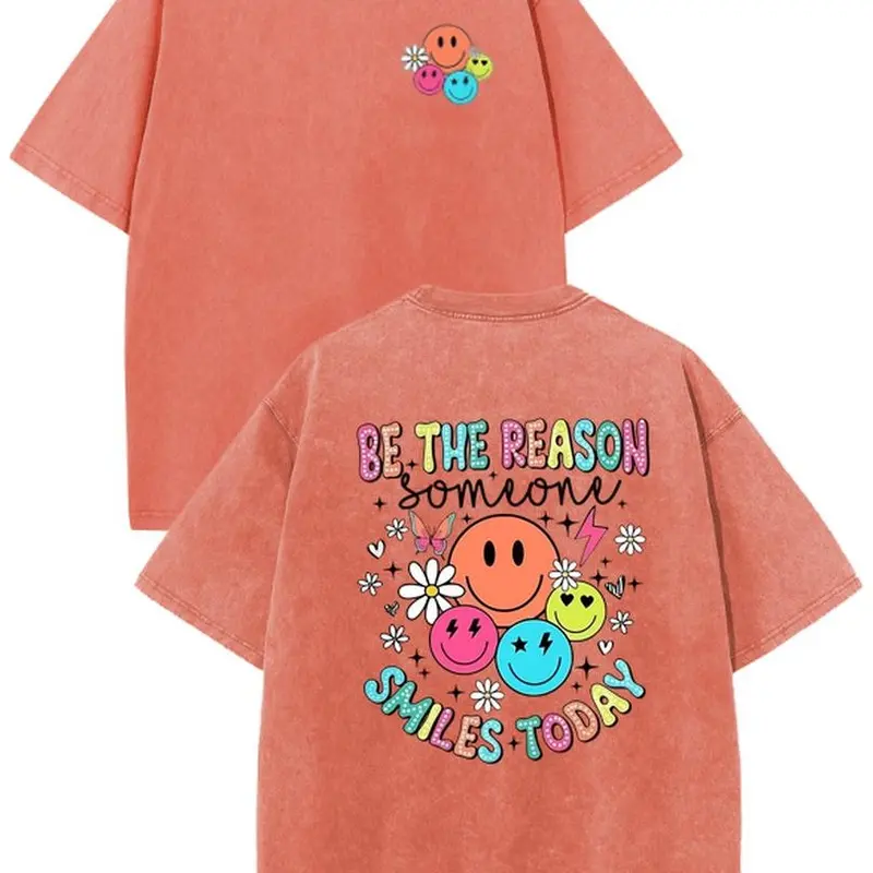 Sunland Women's Cotton Acid Wash Vintage Crew Neck Oversized Short Sleeve T-Shirt - "Be The Reason Someone Smiles Today" Colorful Smiley Graphic Top, Outdoor Everyday Apparel, T Shirts