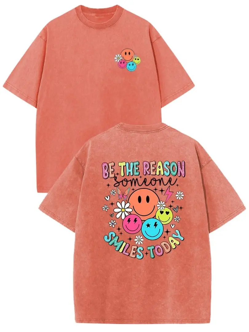Sunland Women's Acid Wash Vintage Crewneck Oversized Shortleeve T-Shirt - "Be The Reason Someone Smiles Today" Colorful Smiley Face Graphic, Heavyweight Cotton, Round Neck, Casual Colorful Illustrated Women's Top, Shortsleeve, T Shirts For Women