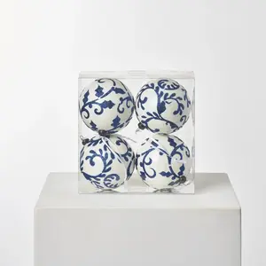Blue & White Delft Chinoiserie Glitter Printed Shatterproof Holiday Christmas Tree Ornament Ball - Set of 4