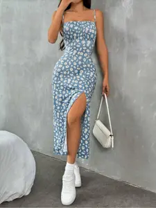 Women's Summer Floral Print Knit Spaghetti Strap Dress with Thin Waistband Split Hem, Perfect for Vacation and Summer Wear, Elegant Fitted Design