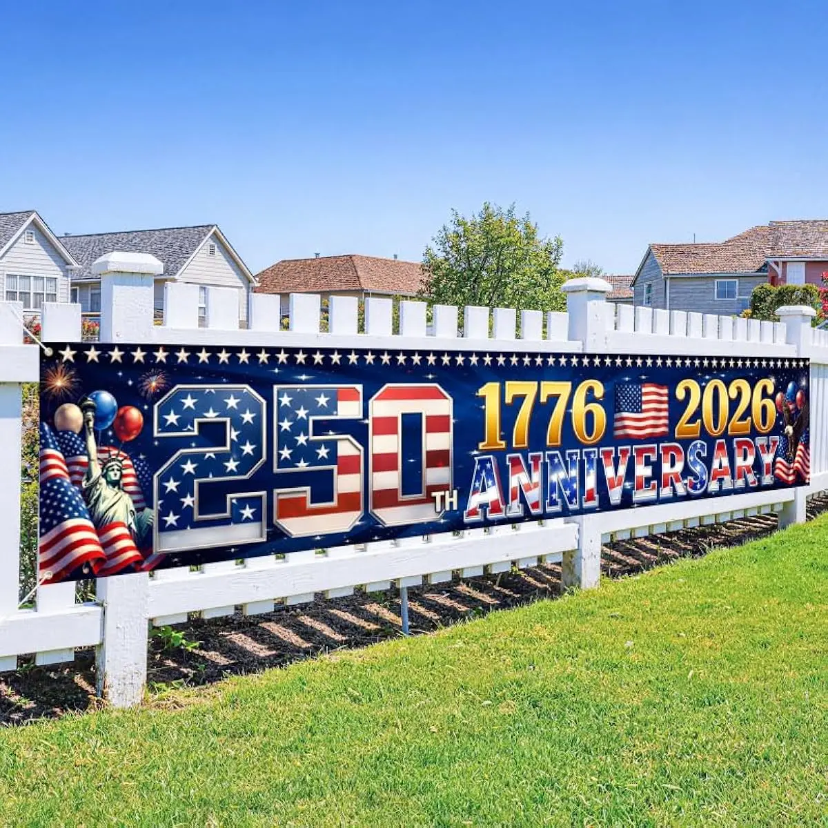 250th Anniversary USA Banner, Red White Blue Stars Stripes Design for Independence Day, 1776-2026 250 Years Birthday, Patriotic Outdoor Yard Decor, Fence Banner Home Outside Decorations