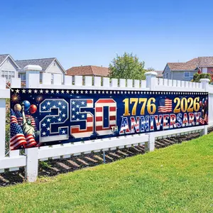 250th Anniversary USA Banner, Red White Blue Stars Stripes Design for Independence Day, 1776-2026 250 Years Birthday, Patriotic Outdoor Yard Decor, Fence Banner Home Outside Decorations