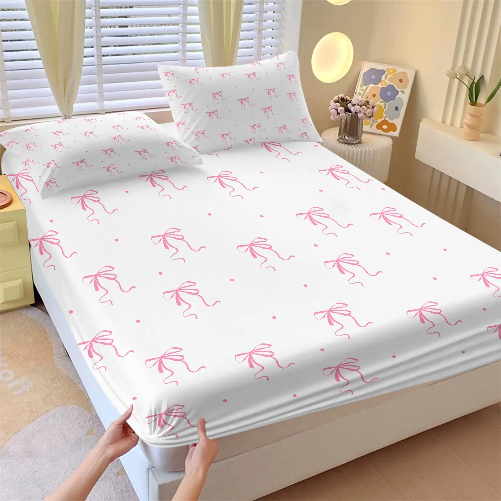Coquette Pink Bow Fitted Sheet Set Twin Size, Decorative Bedsheet Sets, With 1 or 2 Pillowcases + 1 Fitted Sheet, Cute Polka Bow Dot Bedding, Soft Deep Pocket Microfiber, for Girls Teens Bedroom Dorm Decor, Birthday Gift