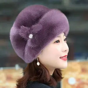 Faux Mink Fur Warm Beanie for Women - Winter Elegant Leather Trim Cloche Hat, Soft Thermal Headwear for Middle-Aged & Elderly Ladies Cold Weather