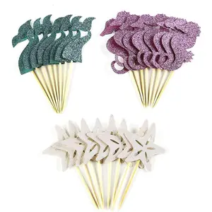 24-Pack Mermaid Theme Cupcake Toppers – Glitter Cake Picks with Mermaid Tail, Seahorse & Starfish for Baby Shower & Birthday Party Decor