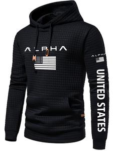 Men's Patriotic American Flag Letter Printed Hoodie - Sexy Slimming Waffle Texture, Machine Washable Spring/Autumn Casual Hoodie, Spring/Autumn Apparel