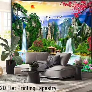 Large Scenic Crane Waterfall Tapestry, High-Quality Digital Print Wall Hanging, Polyester Material, Home Decor, Includes Hanger Clips