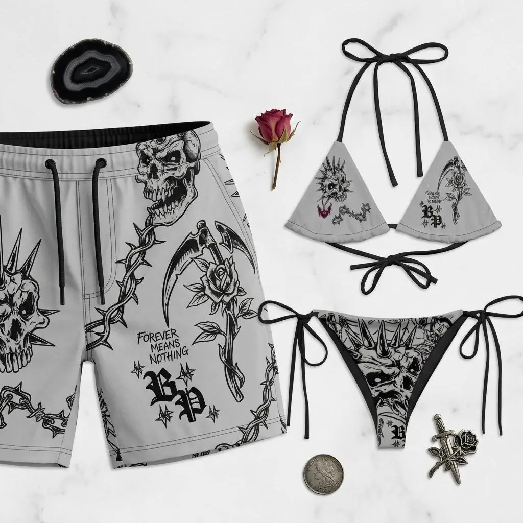 Matching Couple Hysteria Swimwear Set Gothic String Bikini  & Swim Trunks, Alternative Aesthetic Beachwear, Summer Vacation Matching Couple Outfit