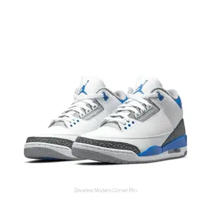 White-Blue-Grey Leather Mid-Top Sneakers with Dark Grey Elephant Print and Racer Blue Heel Details