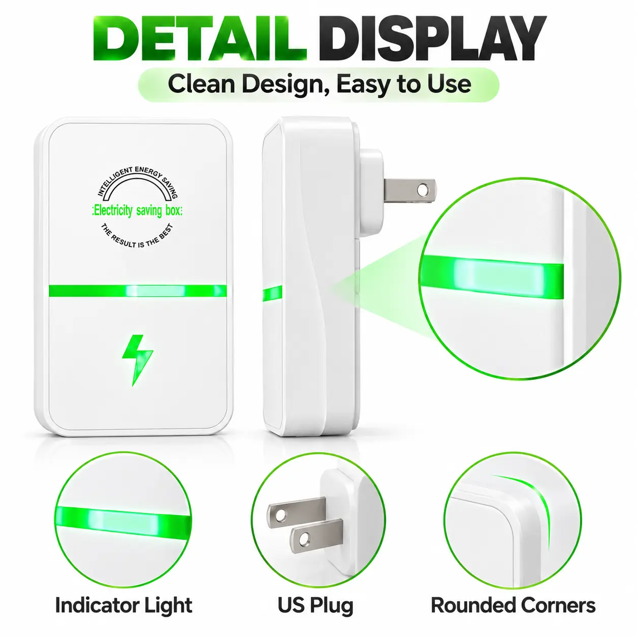 2-Pack Plug-In Energy Saver Device, Compact White Power Saving Box with Green Indicator Light, US 2-Prong Plug Design for Home & Office