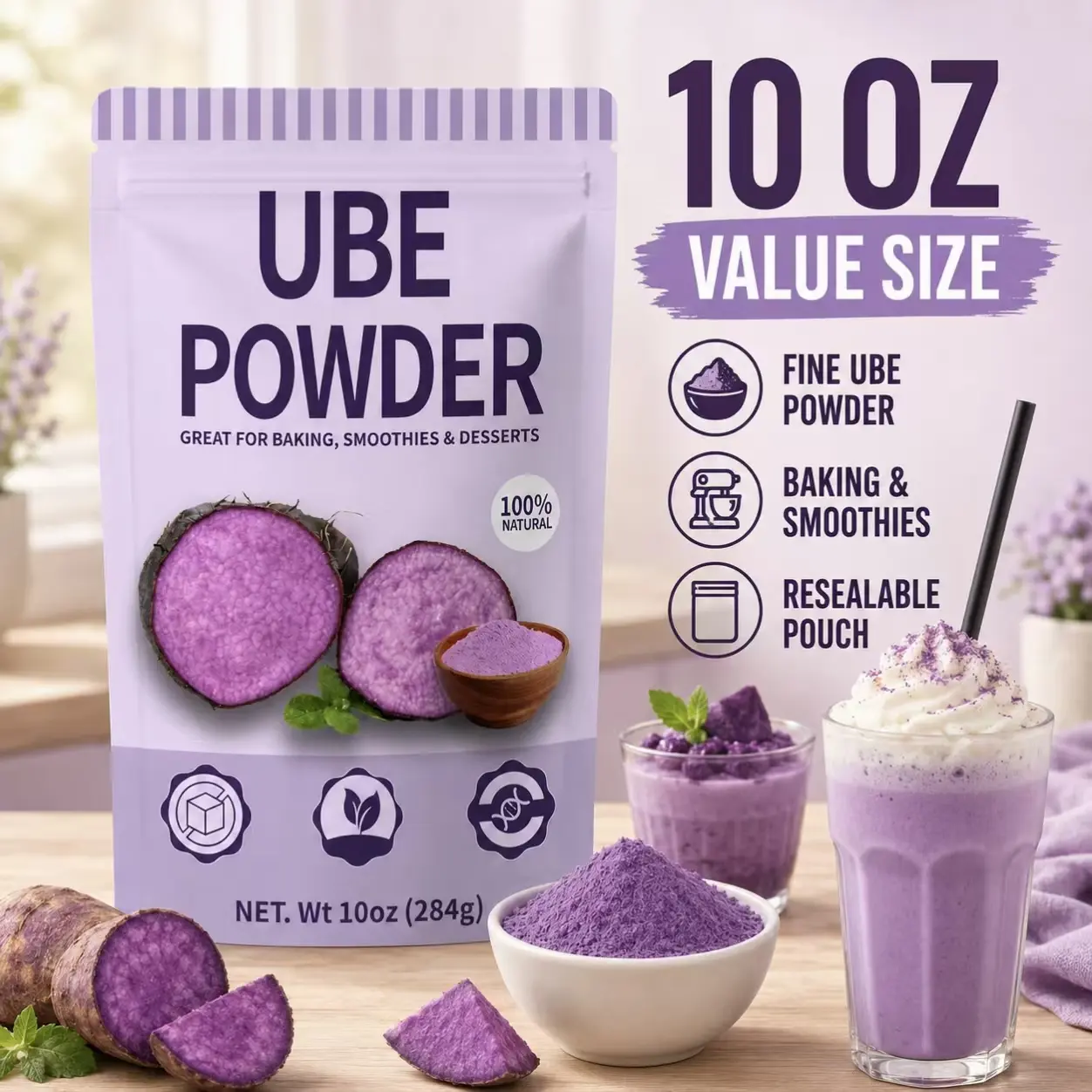 10oz Fine Milled Pure Natural Purple Ube Powder - Unsweetened Vegan Fiber Powdered Mix-In Flavoring for Baking, Smoothies & Desserts (Yam-Based Food Color for Drinks)