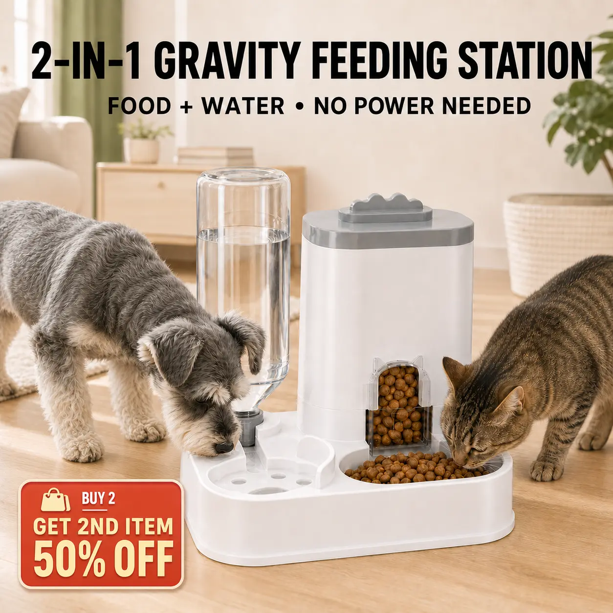 [50% off the second item] PAWSURD 2-in-1 Automatic Gravity Pet Feeder & fresh Water Dispenser, Adjustable Food Flow, No Power Needed, Ideal for Home & Short Trips, Cats & Small Dogs