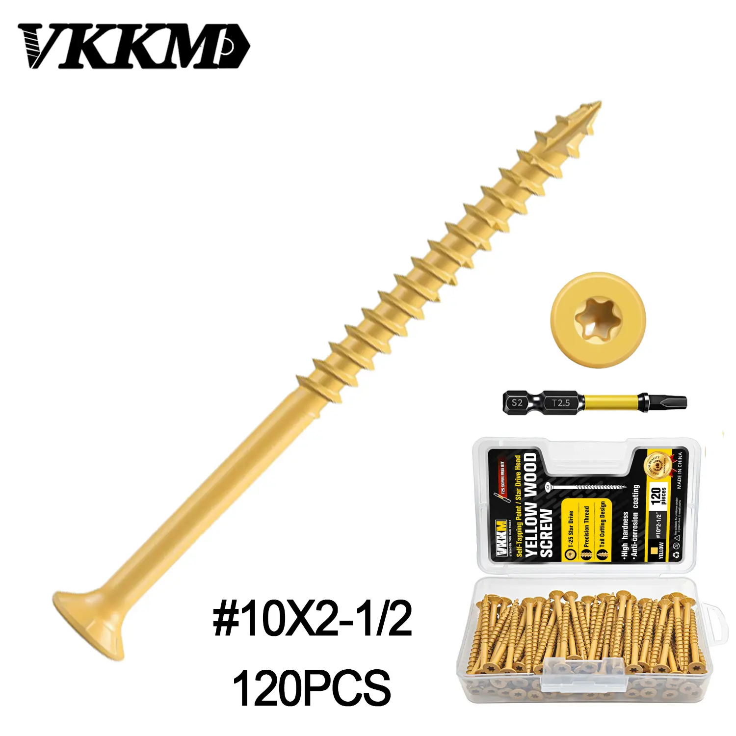 VKKM 120Pcs #10 x 2-1/2 Inch Torx Star Drive Yellow Deck Wood Screws, Self Tapping Exterior Wood Screws with Free T25 Bit, Rust Resistant Coated Flat Head Screws for Deck Fence Outdoor Wood Construction Projects