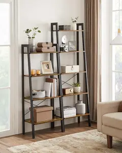 Ladder Shelf, 4-Tier Bookshelf, Storage Rack, Bookcase with Steel Frame, for Living Room, Home Office, Kitchen, Bedroom, Industrial Style, Rustic Brown and Ink Black