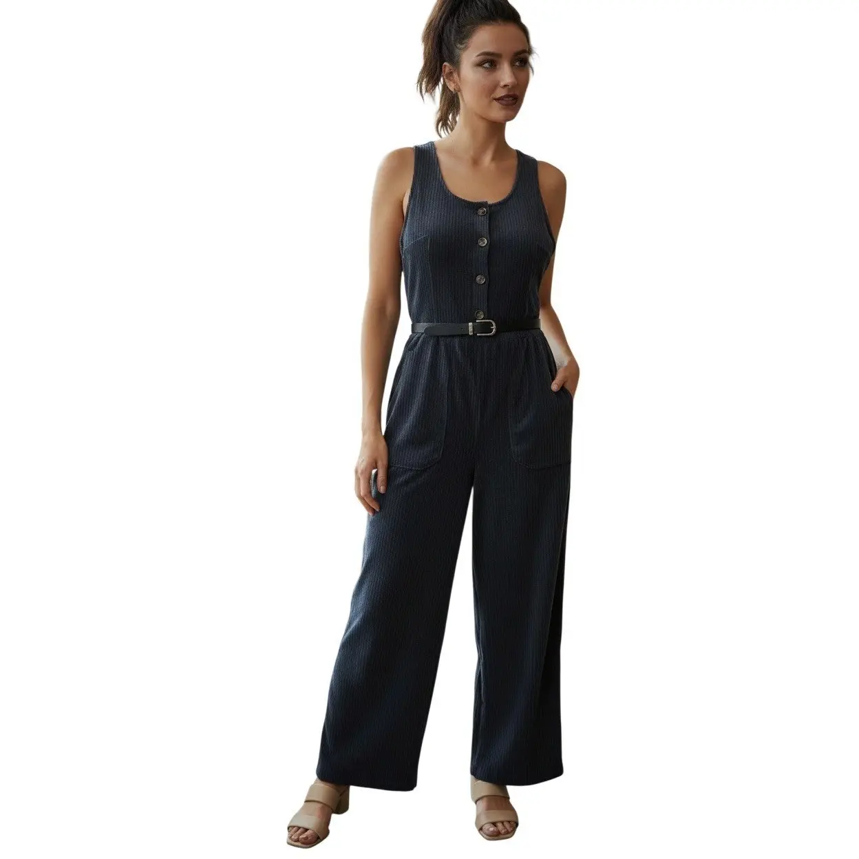 Leia & Co Charcoal Corduroy Wide Leg Jumpsuit Minimalist Chic Button Front Soft Subtle Stretch Drapey Pants