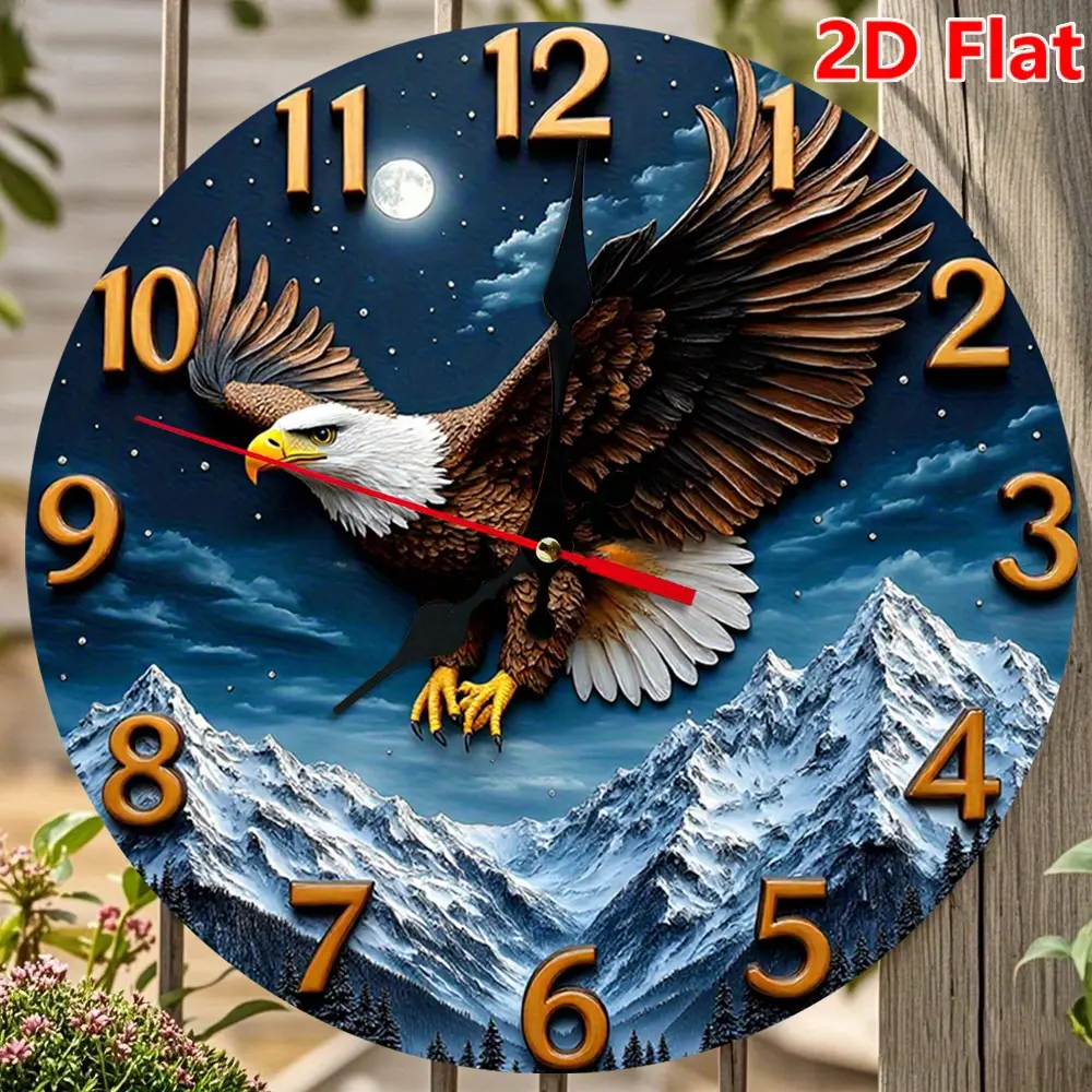 10 Inch Eagle Soaring Over Mountains Wall Clock - Silent Non-Ticking Battery Operated Round Wood Frame, Golden Hands & Black Face with Red Second Hand, Industrial Modern Large Analog Clock for, Office, Cabin, Conference Room - Easy Read, 2D Flat