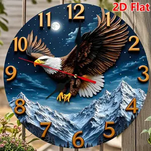 10 Inch Eagle Soaring Over Mountains Wall Clock - Silent Non-Ticking Battery Operated Round Wood Frame, Golden Hands & Black Face with Red Second Hand, Industrial Modern Large Analog Clock for, Office, Cabin, Conference Room - Easy Read, 2D Flat