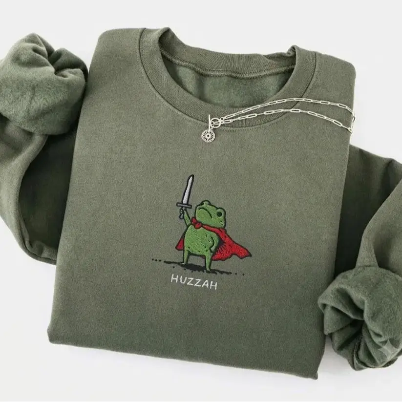 [SALE UP TO 50%] Embroidered Huzzah Frog T-Shirt & Sweatshirt, Funny Renaissance Faire Frog Shirt, Medieval Fantasy Gamer Gift