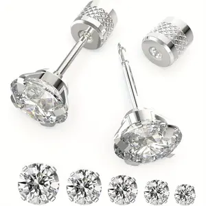 Unisex 5 Pairs Trendy Stud Earring Jewelry Set, Hypoallergenic Surgical Stainless Steel, Cubic Zirconia Push-In Flat Back, 4mm-8mm Sizes for Women Men Cartilage Daily Piercings